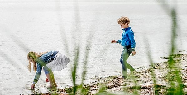 Børn der går ved stranden